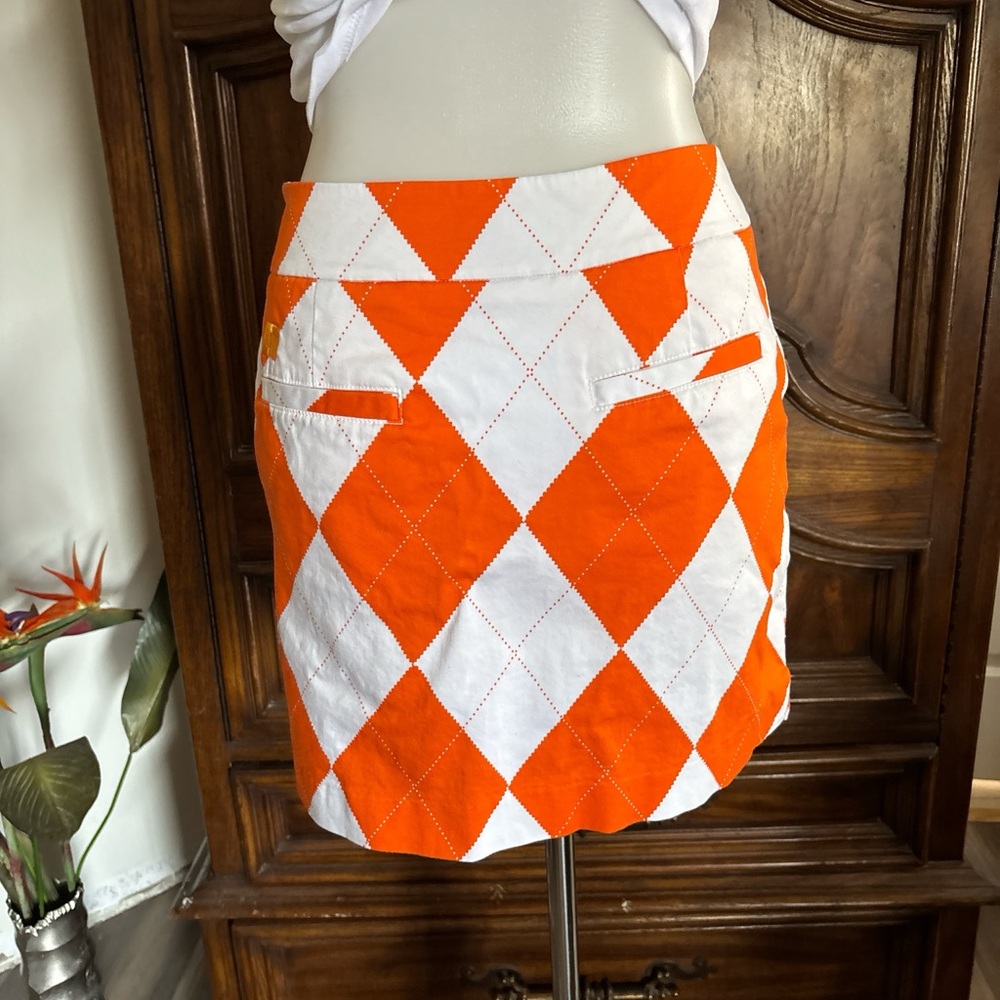 LoudMouth Ladies Orange and white argyle mini skirt with build in shorts - Picture 5 of 9